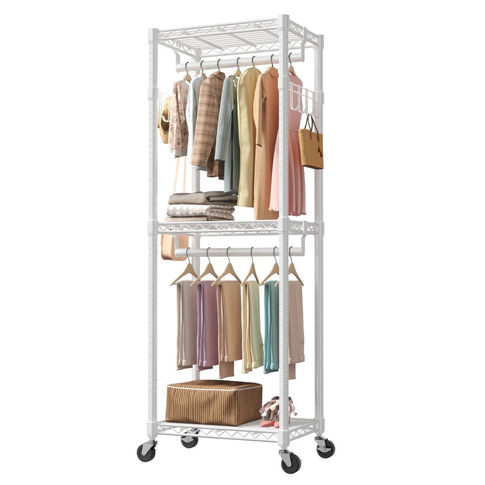Taoset Heavy Duty Wire Garment Rack with Wheels, 23.6" Wide 3-Tier Rolling Clothes Rack with Dual Hanging Rods, Adjustable Metal Wardrobe Storage Organizer for Hanging Clothes, Shoes, Laundry Room, White