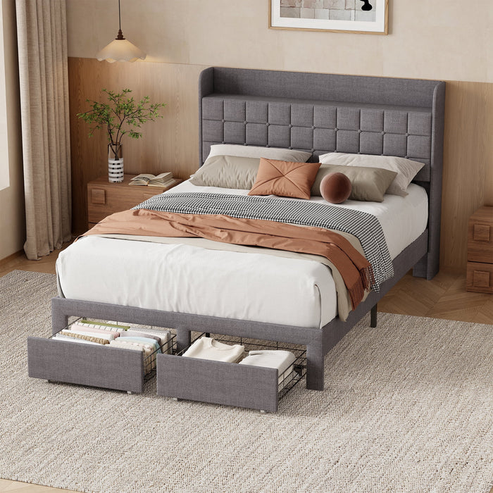 Taoset Full Size Upholstered Platform Bed Frame with 4 Storage Drawers, Tufted Wingback Headboard with Top Storage Shelf, Heavy Duty Steel Slat Support, No Box Spring Needed, Noise-Free, Grey Linen