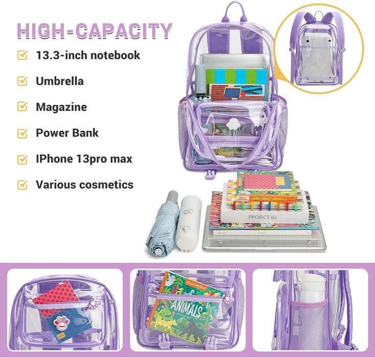 Smiaoer Large Clear Backpack for School Stadium Travel Transparent Book Bag for Teen Students