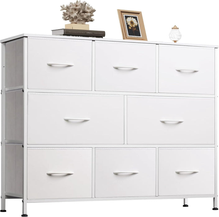 Bigleap TV Stand 8 Drawer Dresser for Bedroom, Large Storage Fabric Dresser with Wood Top, Versatile Chest of Drawers for Living Room, Closet, Entryway,White