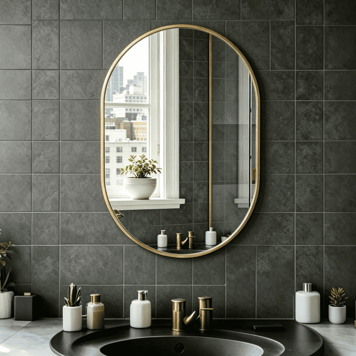 Taoset Modern Oval Wall Mirror, 20"X30" Matte Black Metal Frame Mirror for Bathroom Vanity, Entryway, Living Room, HD Reflection Rust-Resistant Decorative Hanging Mirror, Gold