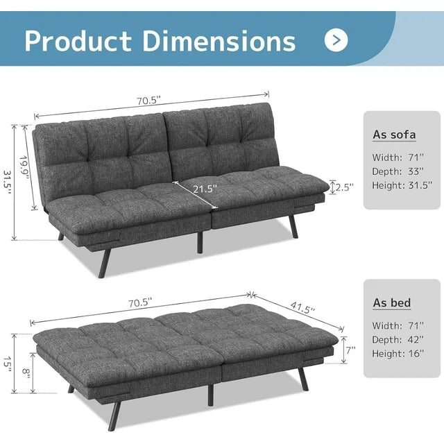 Futon Sofa Bed, Convertible Sofa Bed, Memory Foam Futon with Adjustable Armrests and Backrest, Dark Gray