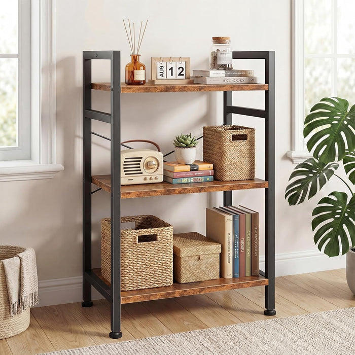 Blorly Bookshelf, 3 Tier Industrial Storage Shelf, Compact Metal & Wooden Bookcase for Small Spaces, Bedroom, Easy Assembly, Rust