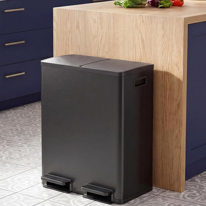 Bigleap Dual Compartment Trash Can, 60L/16Gal Stainless Steel Kitchen Garbage Bin with Soft-Close Foot Pedal, Smudge-Proof Rectangular Recycling Can for Home Office,Glossy Black