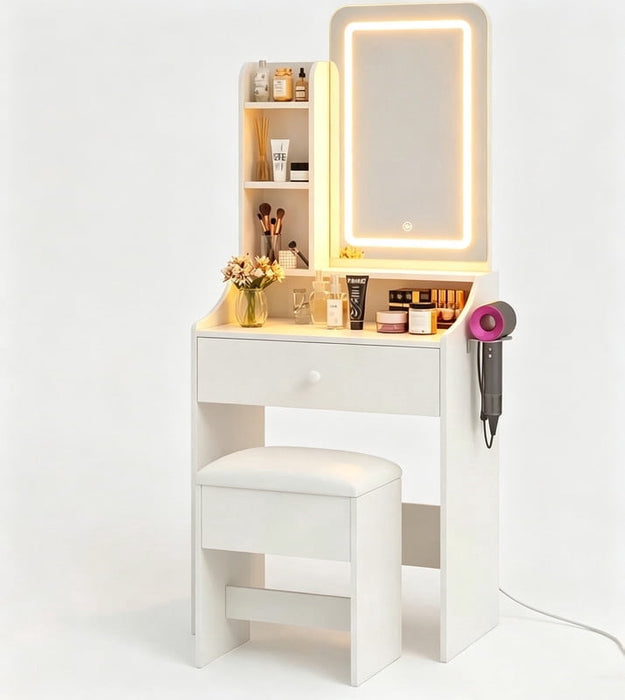 Bigleap Makeup Vanity with Lights, 3-Color LED Mirror & Power Outlet, Beauty Station with Drawers for Bedroom (White)