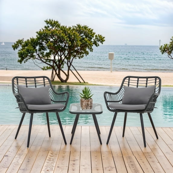 Betcozy Paito Bistro Set of 3, Wicker Conversation Furniture Set with with Coffee Table and Cushions, Outdoor Rattan Chair and Table Set, Gray