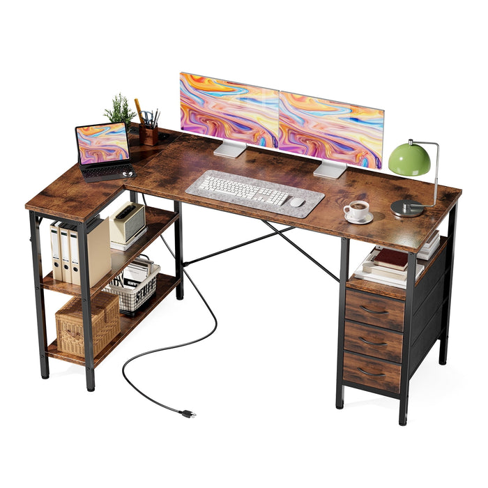 Taoset 55" L-Shaped Computer Desk with Charging Station, Industrial Corner Gaming Desk with Drawers & Side Storage Shelves, Large Dual Monitor Writing Workstation for Home Office Bedroom, Rust Brown