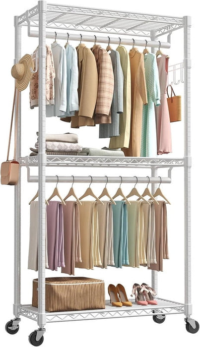 Simenmax 29'' Clothes Rack with Wheels, 360° Lockable Rolling Garment Rack, Double Rods & Side Hooks Freestanding Closet Organizer,White