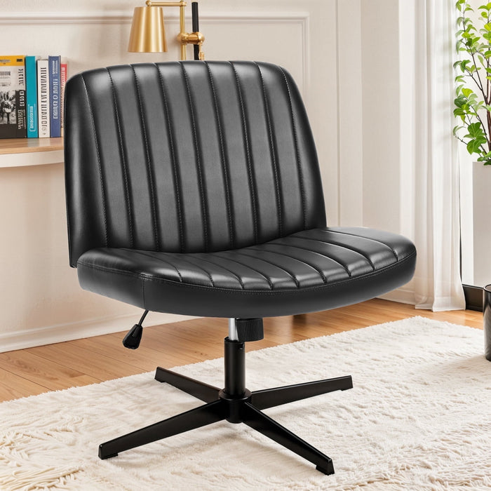 Beddle Office Chair No Wheels Criss Cross Legged Office Chair Armless PU Leather Desk Chair Wide Swivel Home Office Task Chairs