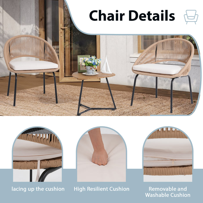 3 Piece Outdoor Bistro Set, Woven Rope Conversation Patio Set, All Weather Patio Furniture Chairs with Cushions and Coffee Table for Porch, Balcony, Garden, Backyard