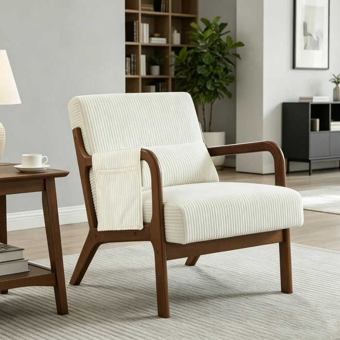 Mid-Century Modern Accent Chair with Armrests, Side Storage Pocket & Lumbar Pillow, Solid Wood Frame Leisure Chair for Living Room & Reading Room, Beige, 22.83"×30.31"×28.74"
