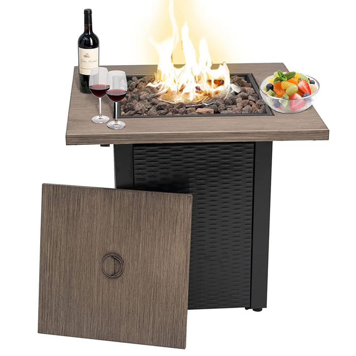 28 Inch Outdoor Gas Fire Pit Table, Square Propane Gas Fire Pit Table with Metal Tabletop, Lid and Lava Rock, Parties On Garden Backyard Patio Deck