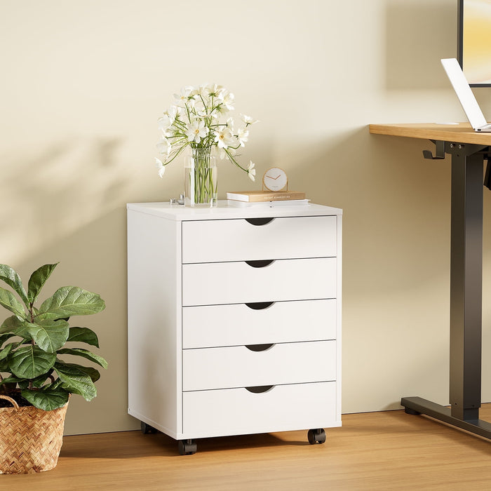 TINKLE WELL 5 Drawer Chest, Wooden Tall Dresser Storage Dresser Cabinet With Wheels-White