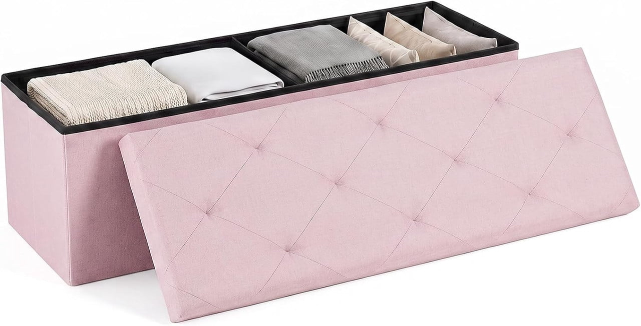 Simenmax 43-Inch Folding Storage Ottoman Bench, Linen Foot Rest Stool with Padded Seat, Heavy-Duty Bedroom Bench for Living Room, Entryway, or Home Office,Pink