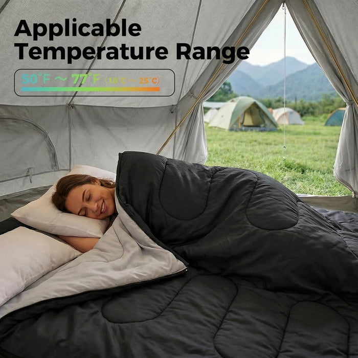 Bigleap Double Sleeping Bag for Adults with Pillows, 2-in-1 Portable 3-Season Camping Bag with Compression Sack for Backpacking, Hiking, Outdoor Adventure, Black