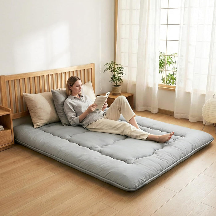 Blorly Japanese Floor Mattress, 4-Inch Thick Minimalist Tatami Mattress with Diamond Stitching, Removable Washable Cover Roll Up Guest Bed Meditation Yoga Mat for Dorm, Apartment, Twin, Gray