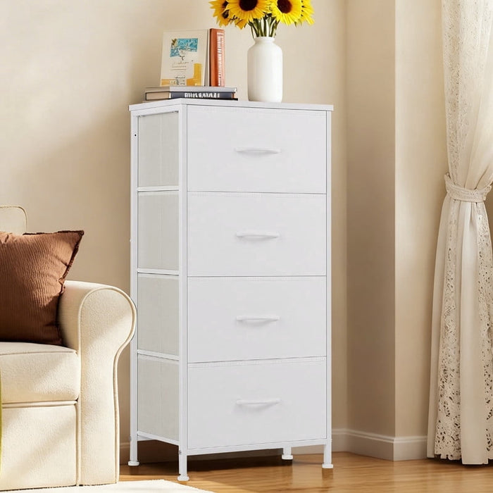 Ethovia 4-Drawer Fabric Dresser Chest, Anti-Tip Storage Tower Organizer for Bedroom, Closet, Entryway, White