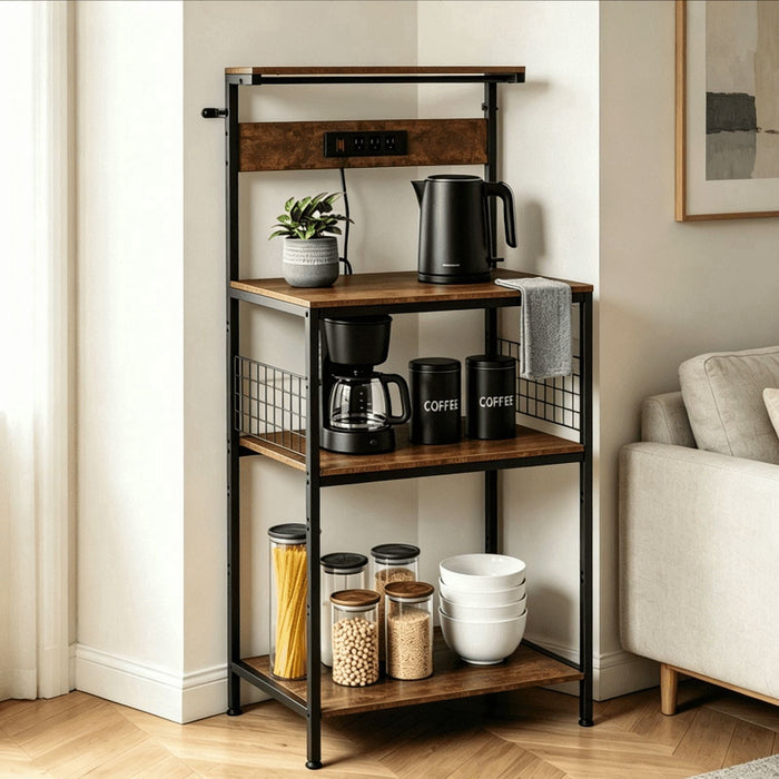 Betcozy Baker's Rack with Power Outlet, 4-Tier Kitchen Storage Shelf with Waterproof & Anti-Scratch Desktop, Industrial Coffee Bar Station for Microwave, 23.6"/31.5" Wide, Rustic Brown