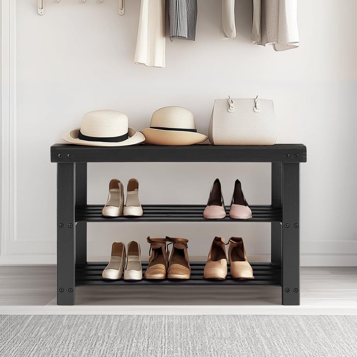 Betcozy 3-Tier Entryway Shoe Bench with Storage, Modern Minimalist Wooden Shoe Rack Organizer, Heavy Duty Seating Bench & Utility Shelf for Hallway, Living Room, Bedroom (35", Black