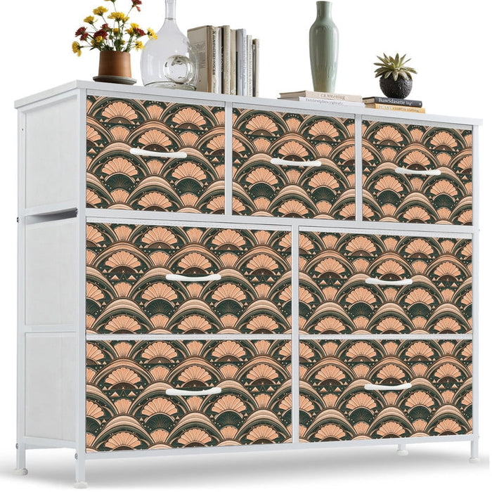 Betcozy 7 Drawers Fabric Dresser with White Metal Frame, Storage Tower for Bedroom, Classic Art Deco Green Wave