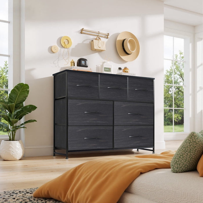 Blorly 7 Drawers Dresser, Storage Dresser Organizer with Drawers, Chest of Drawers, Dresser with Metal Frame and Wood Tabletop for Bedroom, Guest Room, Closet, Entryway, Nursery, Black
