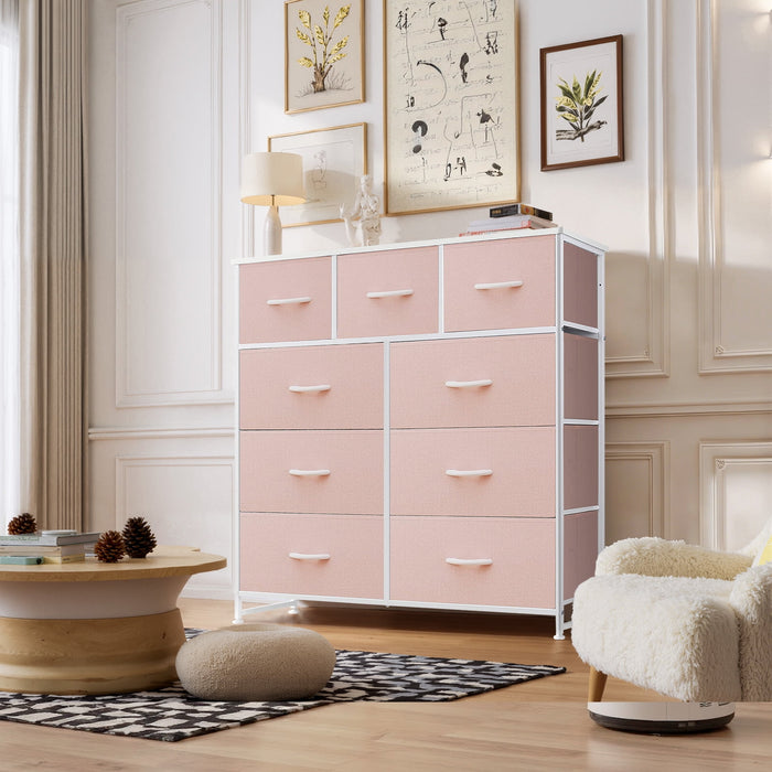 Betcozy Dresser, Storage Organizer with 9 Drawers for Bedroom, Chest of Drawer with Fabric Bins, Sturdy Metal Frame, Wood Top for Closet, Nursery,Pink