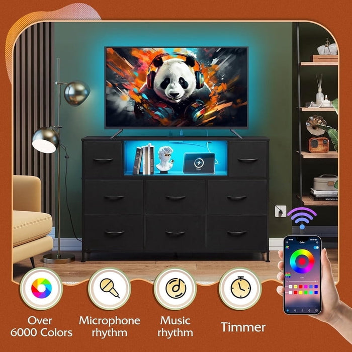 Nextay LED TV Stand with Charging Station, Music-Sync Light Up Entertainment Center, 8 Fabric Drawer Dresser for Bedroom & Living Room, Black(Fits 45-55 inch TV)
