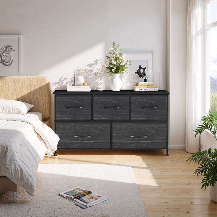 Betcozy Dresser, Storage Organizer with 5 Drawers for Bedroom, Chest of Drawers with Fabric Bins, Sturdy Metal Frame, Wood Tabletop, Black
