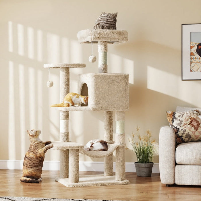 Simenmax 44" Beige Cat Tree Tower, Multi-Level Cat Climbing Tower with Hammock & Condo for Indoor Cats