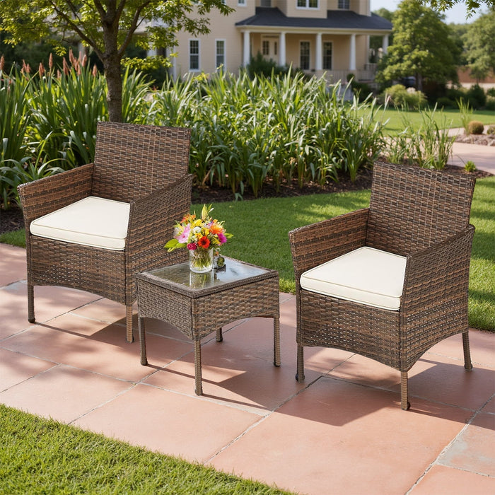 Betcozy 3 PCS Patio Furniture Set, Outdoor Wicker Rattan Conversation Patio Chair Sets with Glass Table, Cushion for Garden, Terrace, Porch, Bistro, Balcony, Beige