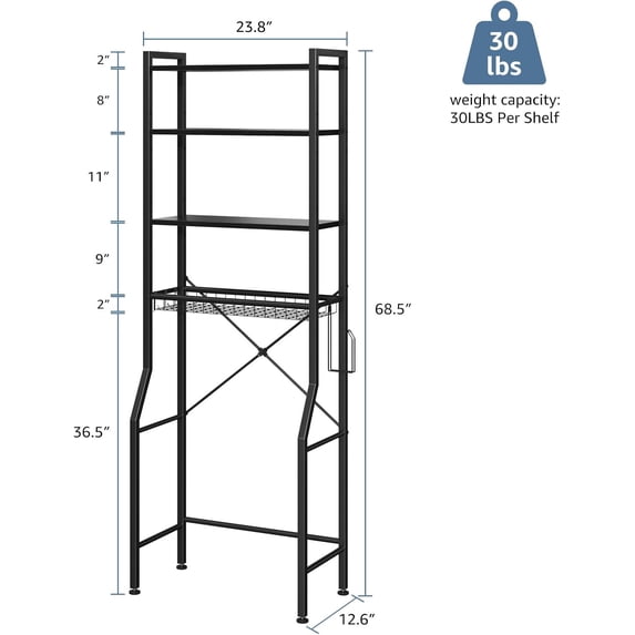 Aidoly Over-the-Toilet Storage Rack, 4-Tier Bathroom Organizer Featuring Adjustable Shelves, Integrated Toilet Paper Holder, and Multi-Purpose Side Hooks