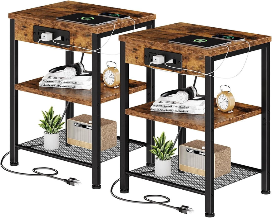 Simenmax Nightstand Set of 2 with Charging Station, USB Ports & Outlets, Adjustable Shelf End Table for Living Room, Bedroom, Brown