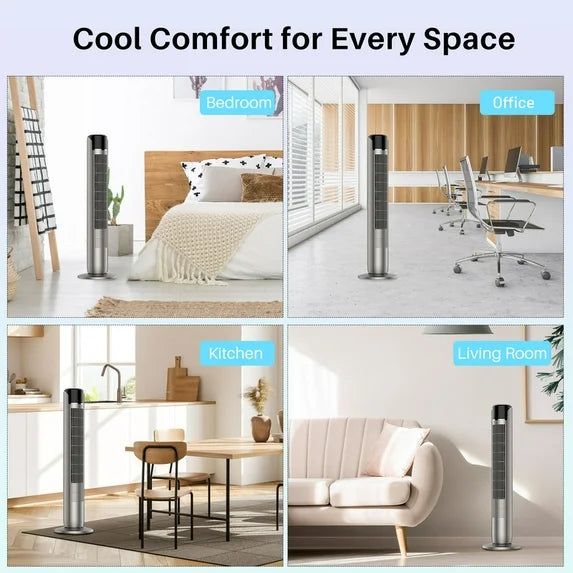 Sybels 35” Tower Fan with Remote, 5 Speed Settings, 4 Modes, 60° Wide Oscillation, 12-Hour Timer, Child Lock, Quiet Portable Cooling Fan for Bedroom, Office, Desk, Titanium Metallic Gray