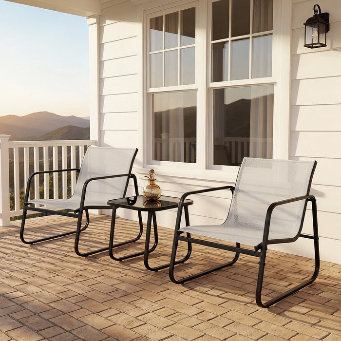 Bigleap 3-Piece Outdoor Rocking Set with Textilene Chairs & Glass Table – Patio, Garden, Poolside Conversation Set, Gray