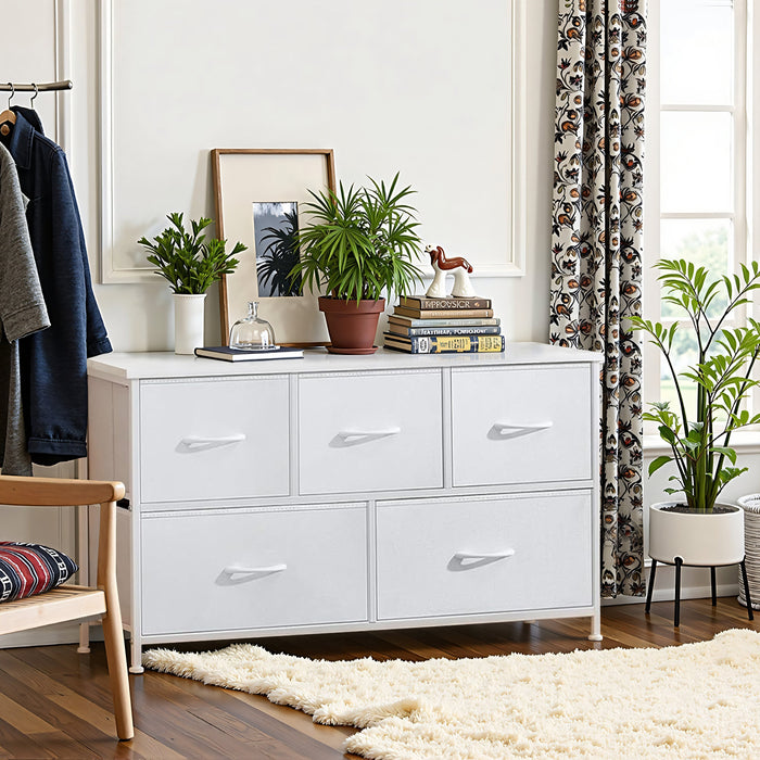 Bigleap 5 Drawer Dresser, Fabric Storage Tower Organizer with Wood Top and Steel Frame for Bedroom, Closet, Hallway, Entryway,White