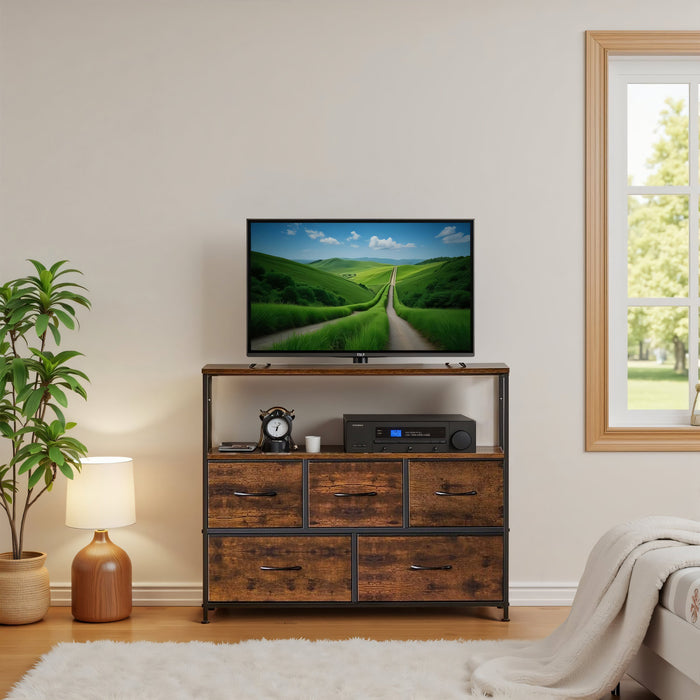 5 Fabric Drawer Dresser TV Stand for Bedroom, Entertainment Center for 45 Inch TV with Storage Drawer Unit, Open Shelf, Adjustable Feet, Living Room