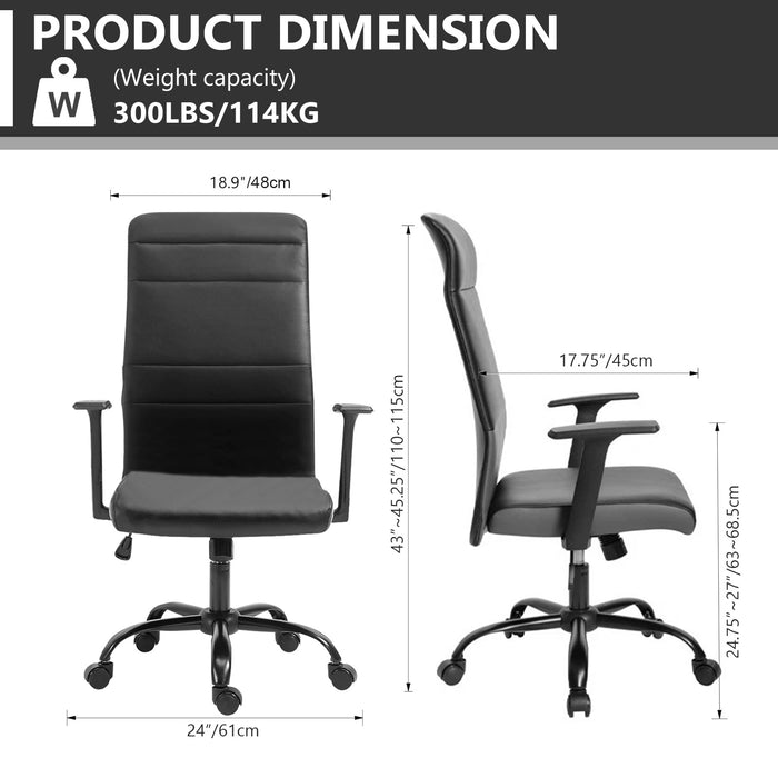 Office Chair High Back, Height Adjustable Rolling Swivel Ergonomic Computer Desk Chair with Arms, Faux Leather, Black