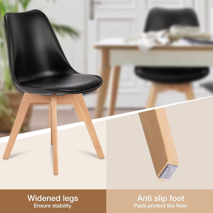 TINKLE WELL Set of 4 Modern Dining Kitchen Chairs, PU Leather Cushion Chairs with Wooden Legs, Mid-Century Design for Home, Patio, Lounge Use, Black