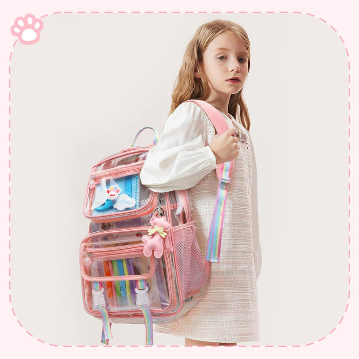 Clear Backpack for Girls, Cute Transparent Heavy Duty Stadium Approved PVC Kids Schoolbag Book Bags With Free Pendant As Gift, Pink