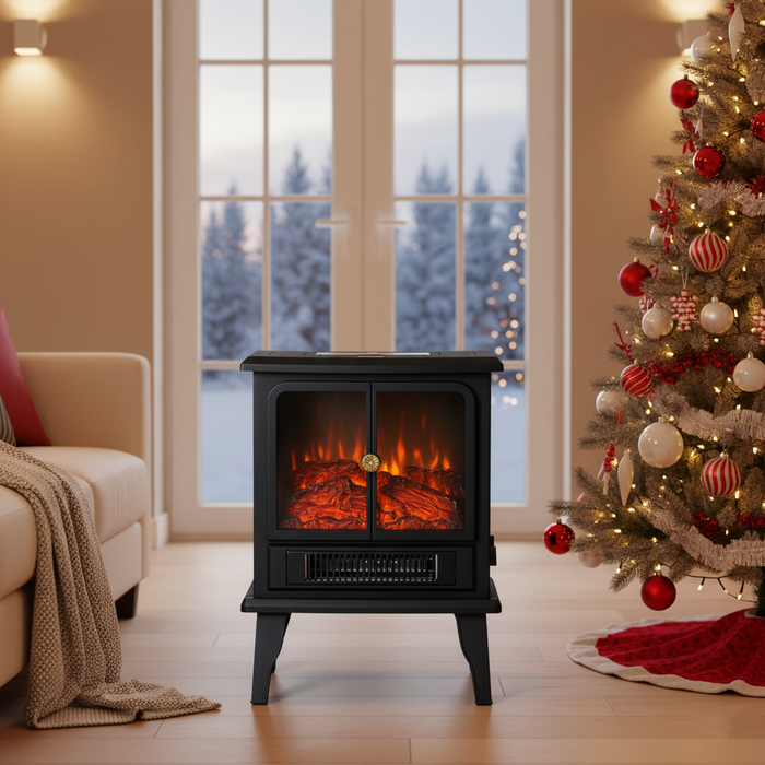 Beddle Freestanding Electric Fireplace Stove with Adjustable 3D Flame, Safe & Easy-to-Use Heater for Home Office, Compact Corner Design, Inky