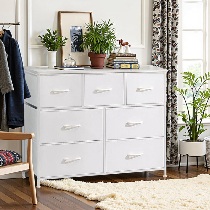 Bigleap 7 Drawer Dresser, Fabric Storage Tower Organizer with Wood Top and Steel Frame for Bedroom, Closet, Hallway, Entryway,White