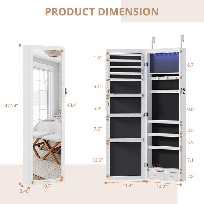 Simenmax Mirror Jewellery Cabinet Lockable Wall Mounted Jewelry Armoire Organizer with LED Light