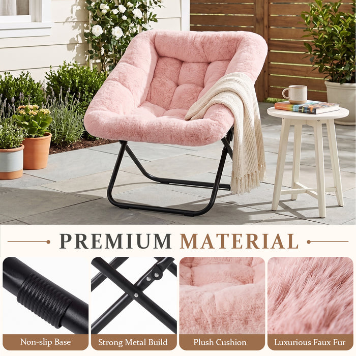 Comfy Saucer Chair, Folding Cozy Faux Fur Accent Seat with Thick Padded and Metal Frame, Single Leisure Chair for Living Room Bedroom