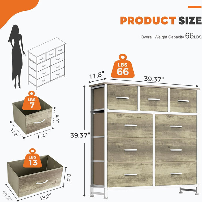 Simenmax 4/5/7/8/9Dresser, Storage Drawers with Removable Fabric Bins, Fabric Closet Chests Organizer for Bedroom, Closet, Living Room, Oak Greige