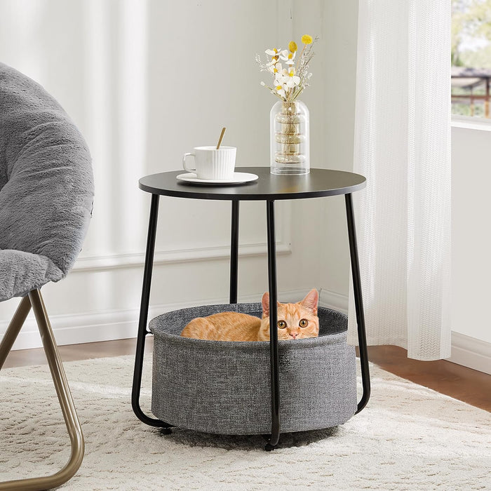 Small Round Side End Table for Living Room, Modern Nightstand Bedside Table with Fabric Basket for Bedroom - Black