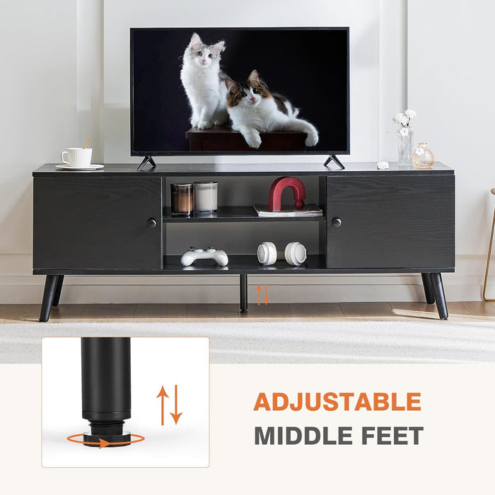 TV Stand for 55 60 inch TV, Modern Mid Century Entertainment Center with Storage, Media Console Table 2 Cabinet, for Living Room, Office, Black