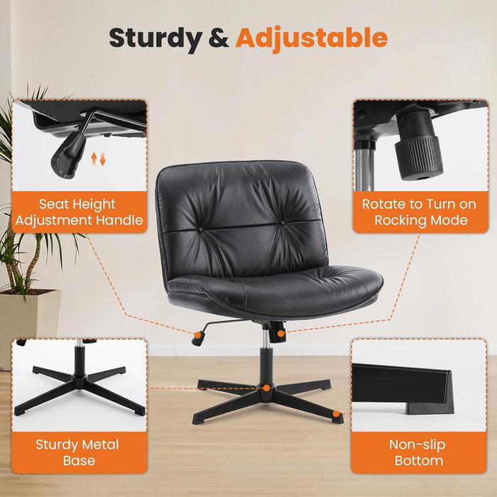 TINKLE WELL Swivel Office Chair, Armless Computer Chair, Sturdy Criss-Cross Base, Adjustable Height, PU Leather Wide Seat, Black