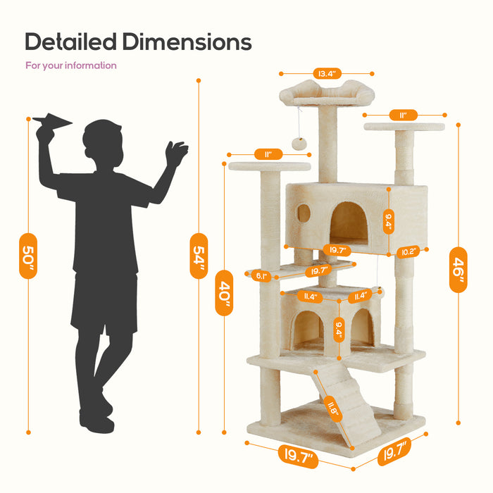 Simenmax Cat Tree, 54-Inch Cat Tower for Indoor Cats with Sisal Scratching Post, Cat Play House, Large Kitty Condo, Plush Multi-Level with Climbing Ladder,Gray