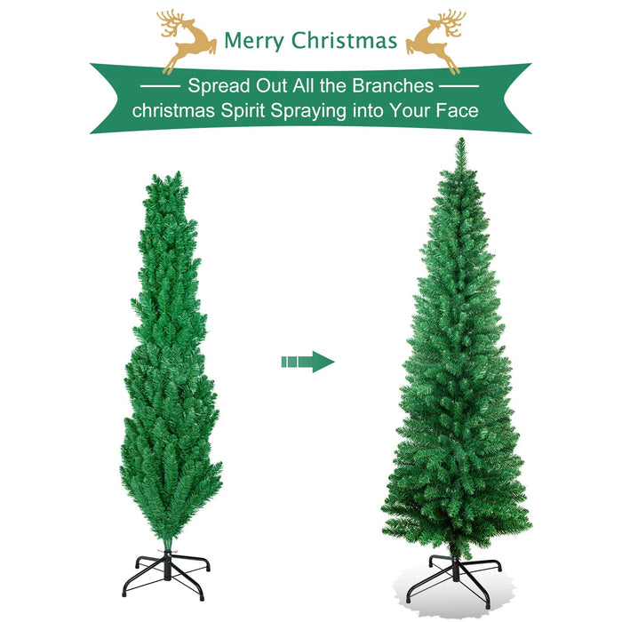 Simenmax 9ft Prelit Pencil Christmas Tree with Warm White LED Lights, Artificial PVC Xmas Christmas Tree with Sturdy Metal Stand for Small Spaces, Home, Office, Holiday Decor