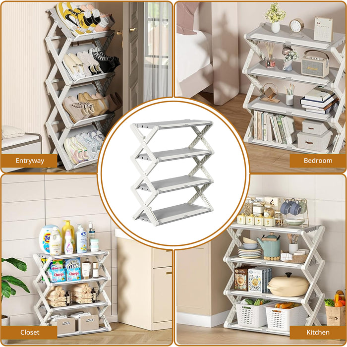 4-Tier Folding Shoe Rack, Adjustable Space-Saving Shoe and Boot Organizer, 2-Mode Floor Mount Shoe Holder, Free-Standing Shoe Shelf for Closet, Hallway, Entryway, Bedroom & Bathroom Holds 8-12 Pairs